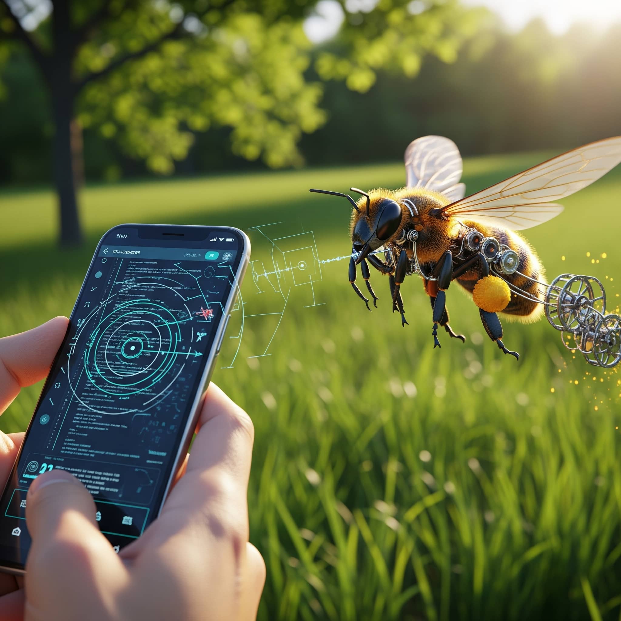 Someone hacking a robotic bee with his phone