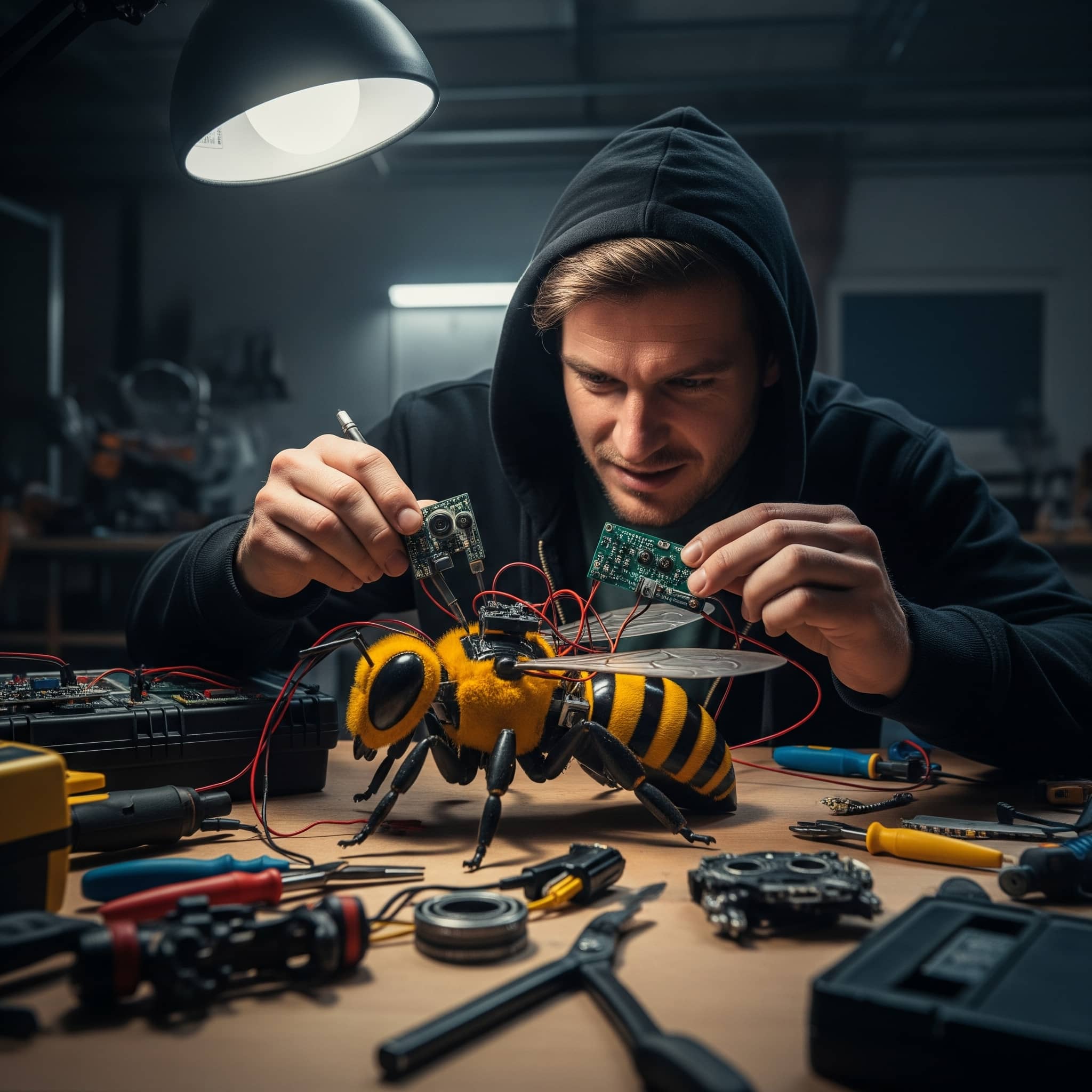 A hacked bee infesting a robotic bee hive