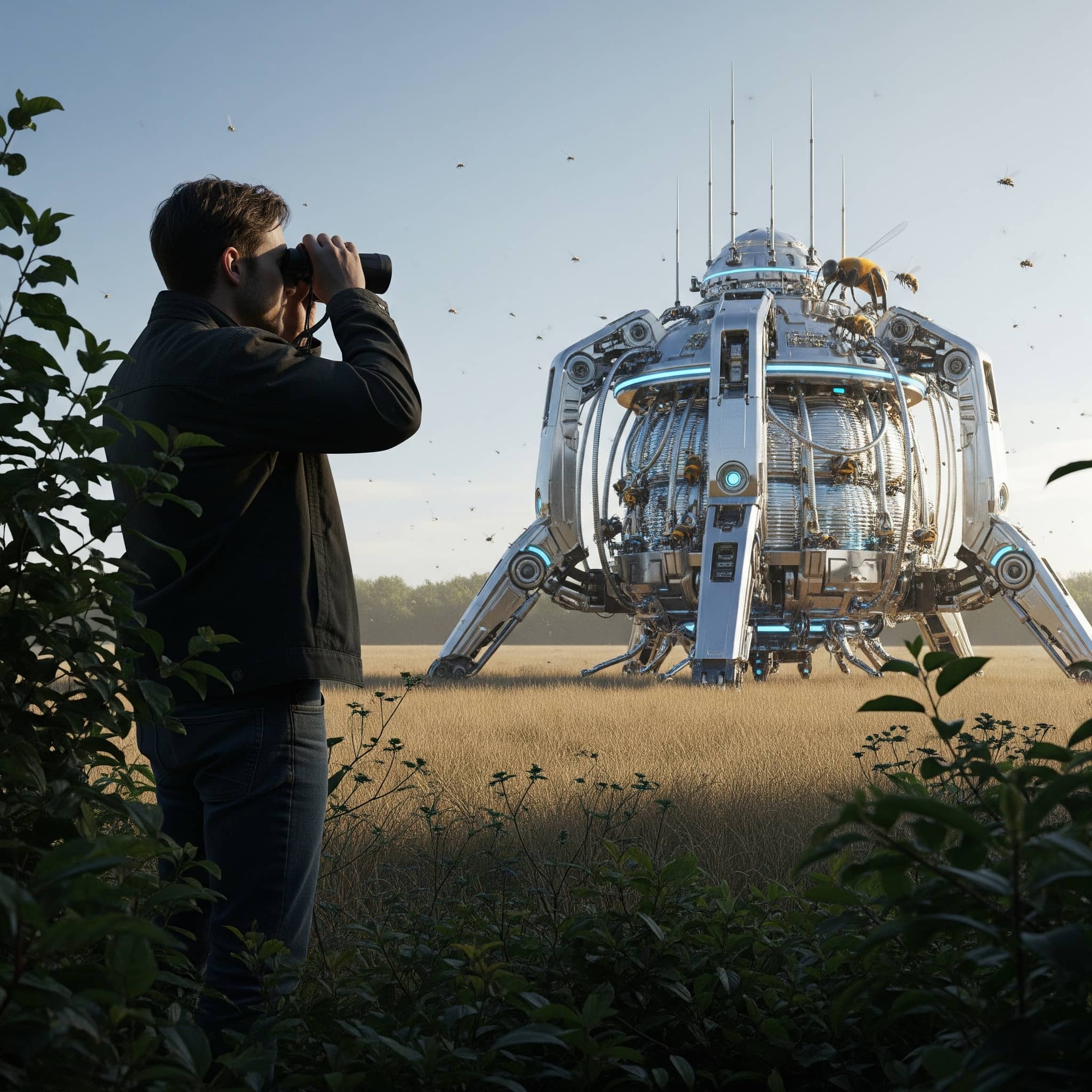 Someone observing a robotic bee hive
