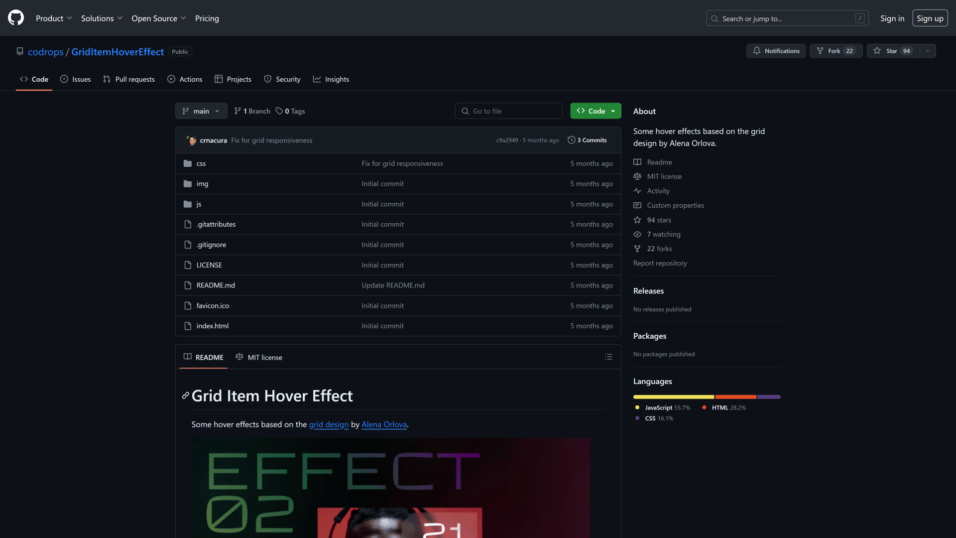 Image du Github de Grid Item Hover Effect